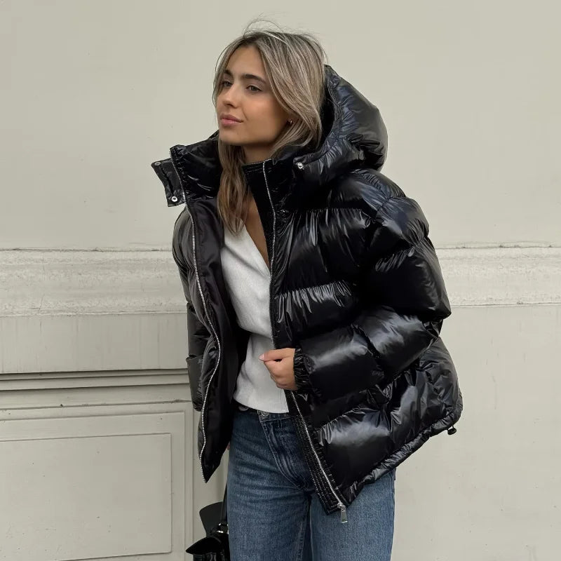 Chic Glossy Zipper Hooded Coat Women's
