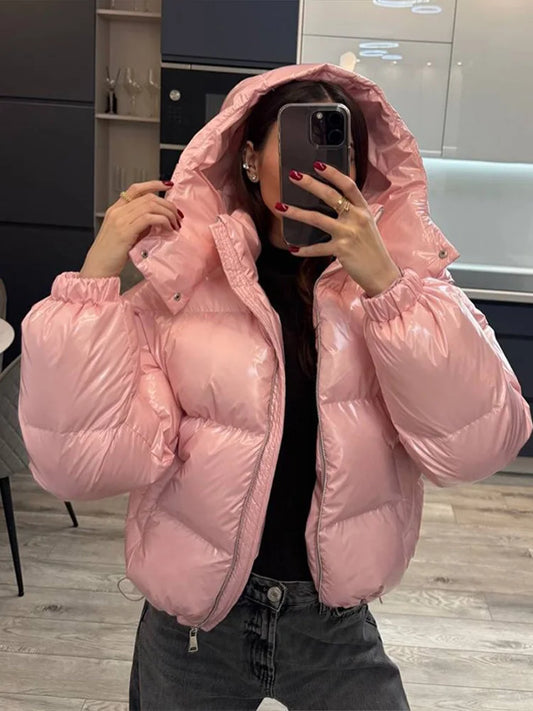 Chic Glossy Zipper Hooded Coat Women's