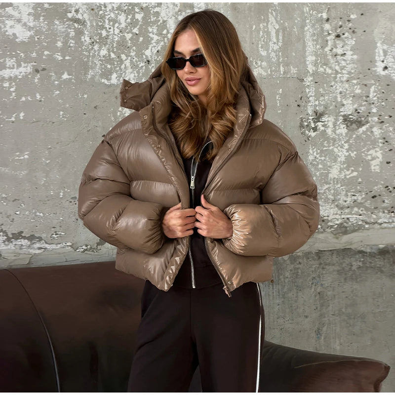 Chic Glossy Zipper Hooded Coat Women's