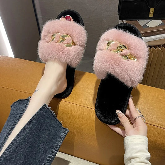 Autumn /winter Metal Chain Woolen Cotton Slippers Fashion Warm Women's Large Fur Flat Heel Straight Slippers Home Cotton Slipper