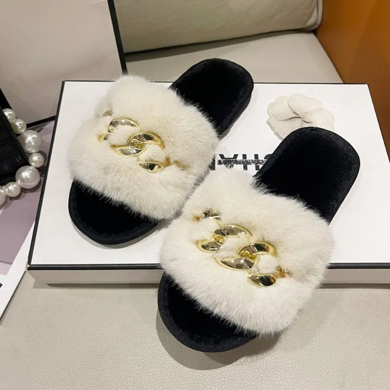 Autumn /winter Metal Chain Woolen Cotton Slippers Fashion Warm Women's Large Fur Flat Heel Straight Slippers Home Cotton Slipper