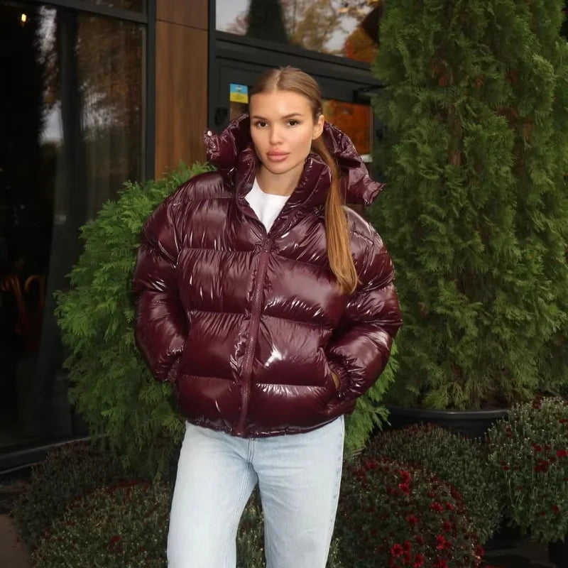 Chic Glossy Zipper Hooded Coat Women's