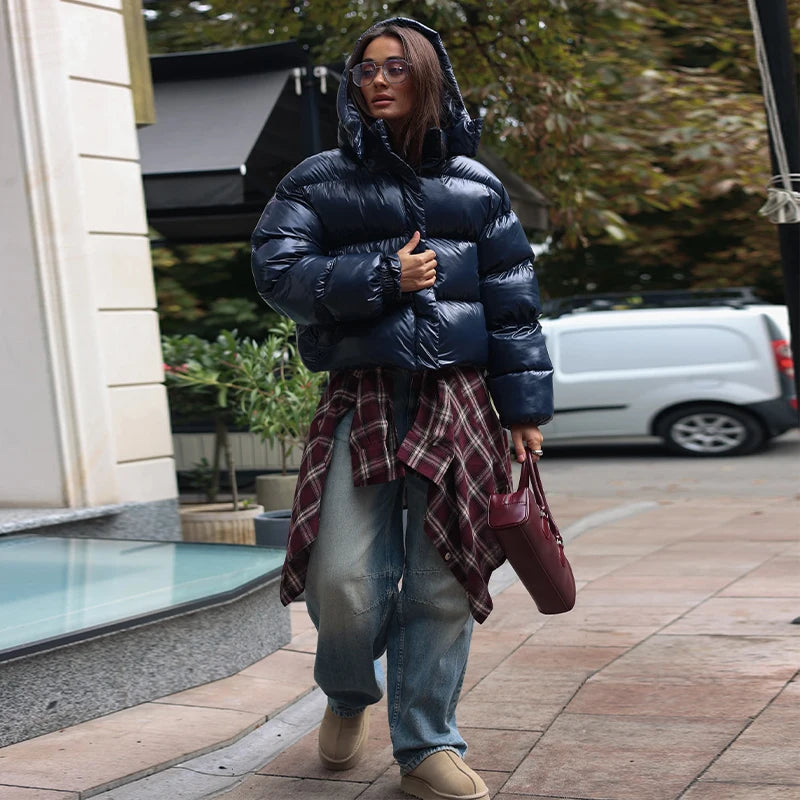 Chic Glossy Zipper Hooded Coat Women's