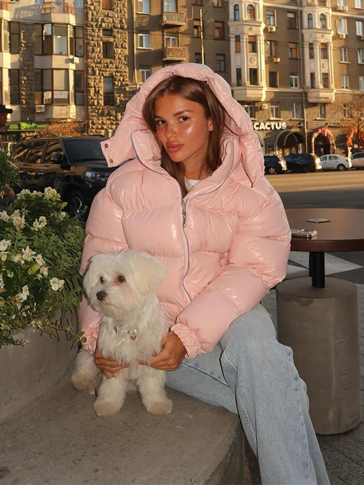 Chic Glossy Zipper Hooded Coat Women's