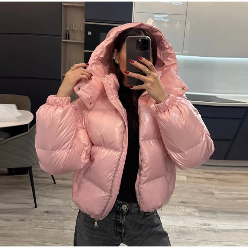 Chic Glossy Zipper Hooded Coat Women's