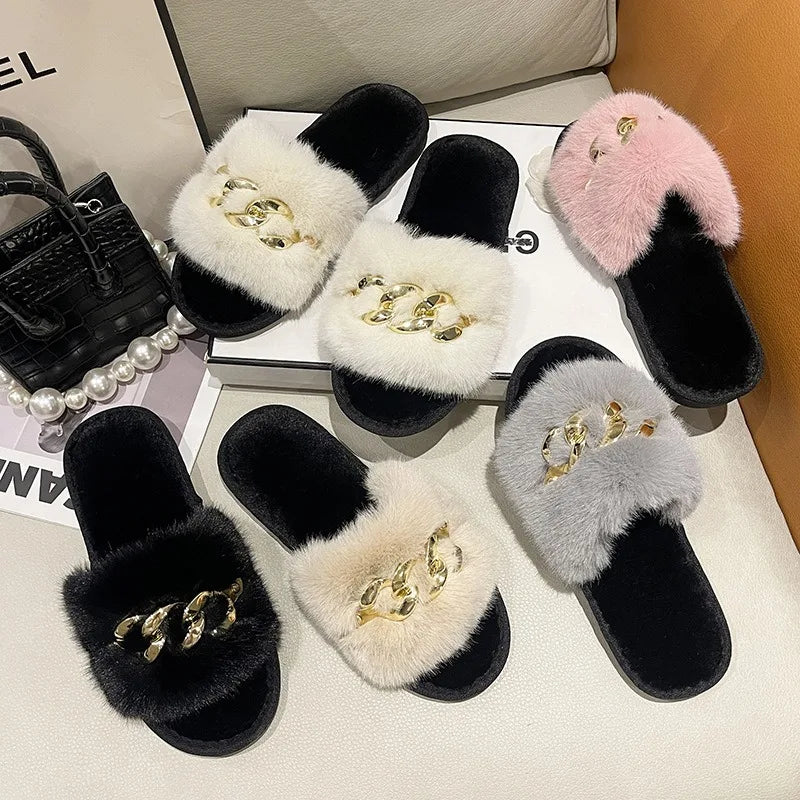 Autumn /winter Metal Chain Woolen Cotton Slippers Fashion Warm Women's Large Fur Flat Heel Straight Slippers Home Cotton Slipper
