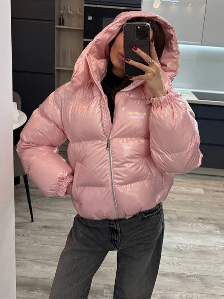Chic Glossy Zipper Hooded Coat Women's