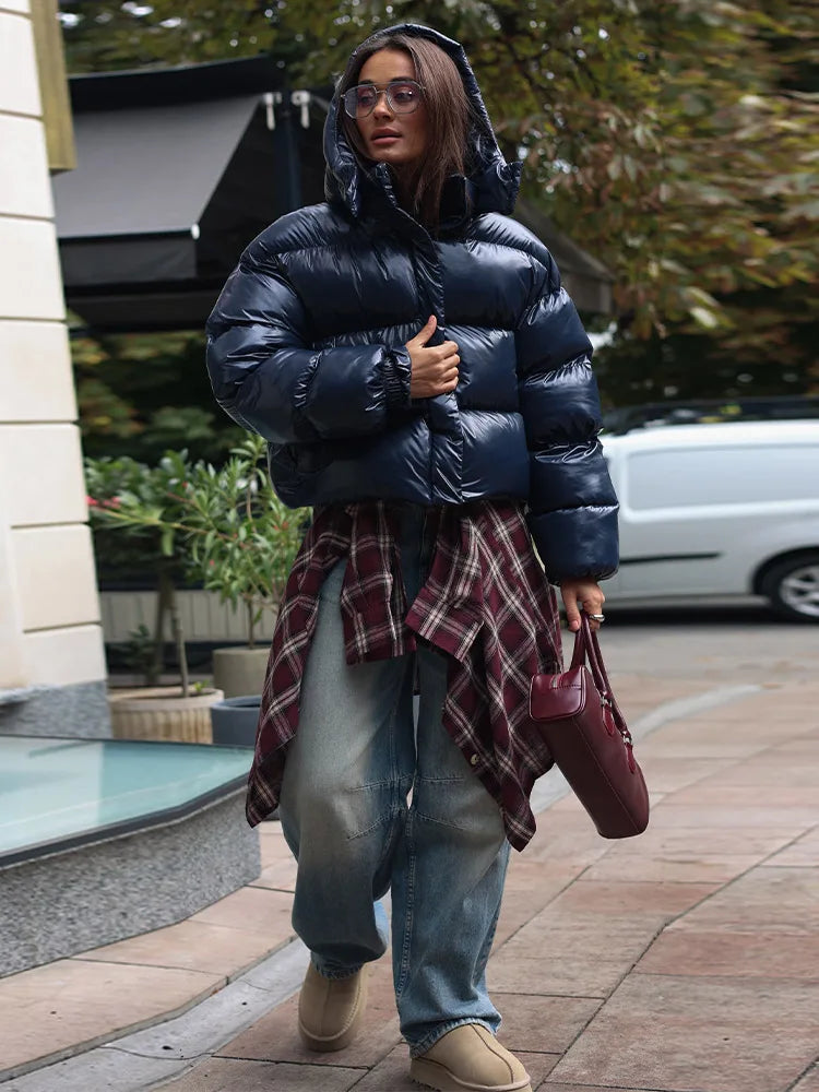 Chic Glossy Zipper Hooded Coat Women's
