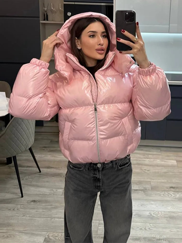 Chic Glossy Zipper Hooded Coat Women's