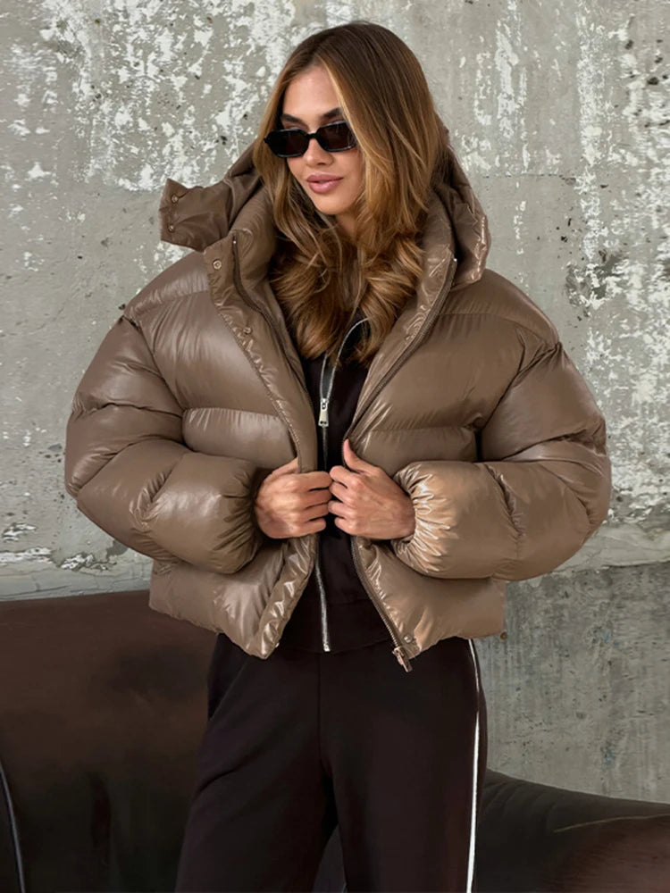 Chic Glossy Zipper Hooded Coat Women's